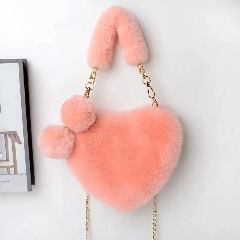 Large Capacity Rabbit Fur Handbag Heart Shape Ladies Shoulder Bag Fashionable Cute Soft Zipper Closure Interior Phone Pocket