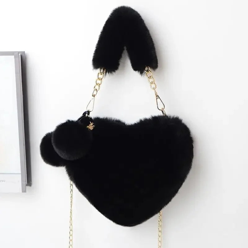 Large Capacity Rabbit Fur Handbag Heart Shape Ladies Shoulder Bag Fashionable Cute Soft Zipper Closure Interior Phone Pocket