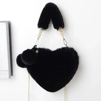 Large Capacity Rabbit Fur Handbag Heart Shape Ladies Shoulder Bag Fashionable Cute Soft Zipper Closure Interior Phone Pocket