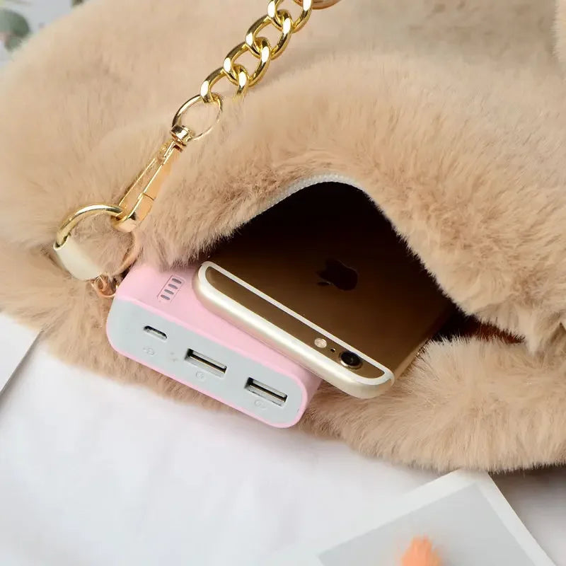 Large Capacity Rabbit Fur Handbag Heart Shape Ladies Shoulder Bag Fashionable Cute Soft Zipper Closure Interior Phone Pocket