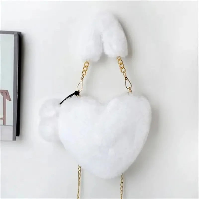 Large Capacity Rabbit Fur Handbag Heart Shape Ladies Shoulder Bag Fashionable Cute Soft Zipper Closure Interior Phone Pocket