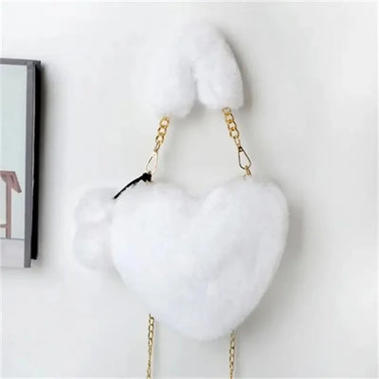 Large Capacity Rabbit Fur Handbag Heart Shape Ladies Shoulder Bag Fashionable Cute Soft Zipper Closure Interior Phone Pocket