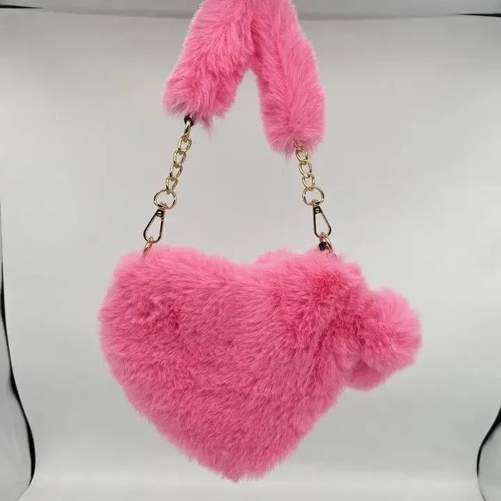 Large Capacity Rabbit Fur Handbag Heart Shape Ladies Shoulder Bag Fashionable Cute Soft Zipper Closure Interior Phone Pocket