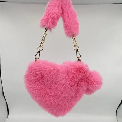Large Capacity Rabbit Fur Handbag Heart Shape Ladies Shoulder Bag Fashionable Cute Soft Zipper Closure Interior Phone Pocket