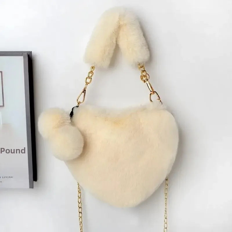 Large Capacity Rabbit Fur Handbag Heart Shape Ladies Shoulder Bag Fashionable Cute Soft Zipper Closure Interior Phone Pocket