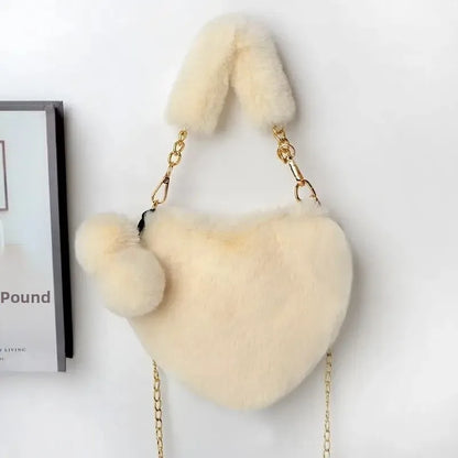 Large Capacity Rabbit Fur Handbag Heart Shape Ladies Shoulder Bag Fashionable Cute Soft Zipper Closure Interior Phone Pocket