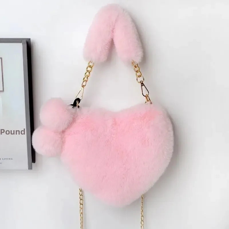 Large Capacity Rabbit Fur Handbag Heart Shape Ladies Shoulder Bag Fashionable Cute Soft Zipper Closure Interior Phone Pocket