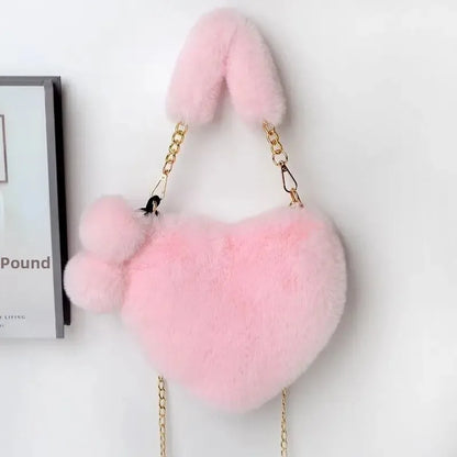 Large Capacity Rabbit Fur Handbag Heart Shape Ladies Shoulder Bag Fashionable Cute Soft Zipper Closure Interior Phone Pocket