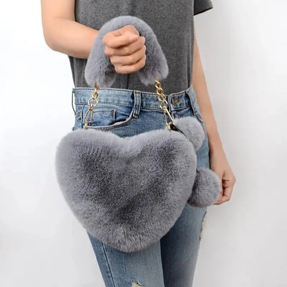 Large Capacity Rabbit Fur Handbag Heart Shape Ladies Shoulder Bag Fashionable Cute Soft Zipper Closure Interior Phone Pocket