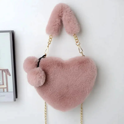 Large Capacity Rabbit Fur Handbag Heart Shape Ladies Shoulder Bag Fashionable Cute Soft Zipper Closure Interior Phone Pocket