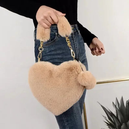 Large Capacity Rabbit Fur Handbag Heart Shape Ladies Shoulder Bag Fashionable Cute Soft Zipper Closure Interior Phone Pocket