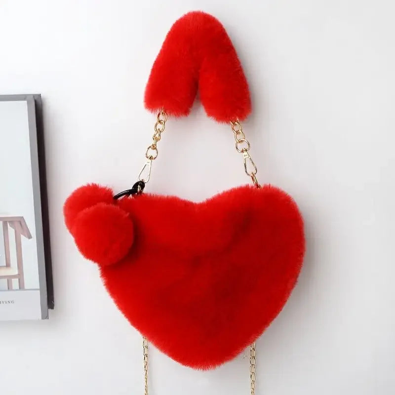 Large Capacity Rabbit Fur Handbag Heart Shape Ladies Shoulder Bag Fashionable Cute Soft Zipper Closure Interior Phone Pocket