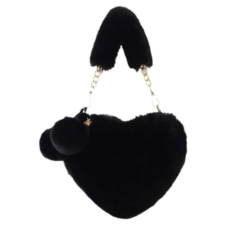 Large Capacity Rabbit Fur Handbag Heart Shape Ladies Shoulder Bag Fashionable Cute Soft Zipper Closure Interior Phone Pocket
