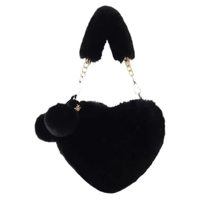 Large Capacity Rabbit Fur Handbag Heart Shape Ladies Shoulder Bag Fashionable Cute Soft Zipper Closure Interior Phone Pocket