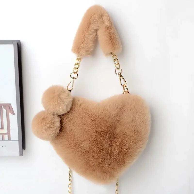 Large Capacity Rabbit Fur Handbag Heart Shape Ladies Shoulder Bag Fashionable Cute Soft Zipper Closure Interior Phone Pocket
