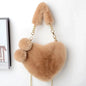 Large Capacity Rabbit Fur Handbag Heart Shape Ladies Shoulder Bag Fashionable Cute Soft Zipper Closure Interior Phone Pocket