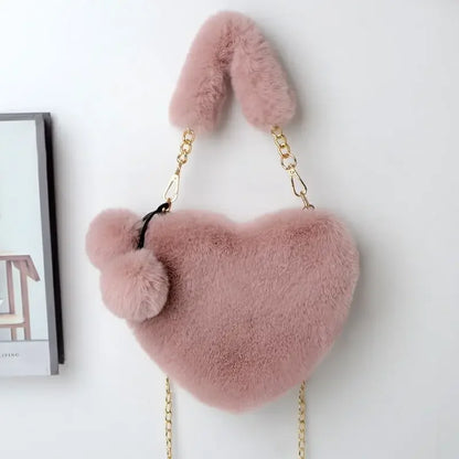 Large Capacity Rabbit Fur Handbag Heart Shape Ladies Shoulder Bag Fashionable Cute Soft Zipper Closure Interior Phone Pocket